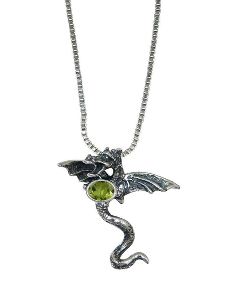 Sterling Silver Dramatic Dragon Pendant With Faceted Peridot